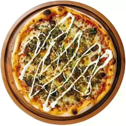 Rainbow Valley — Baked potato, eggplant, zucchini, caramelized onions, mozzarella, and sour cream on pesto sauce