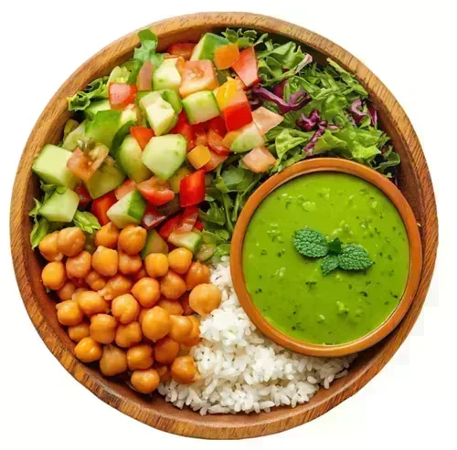 Vegan Bowl — Fragrant lemon rice with chickpeas, fresh veggies, salad, and mint sauce
